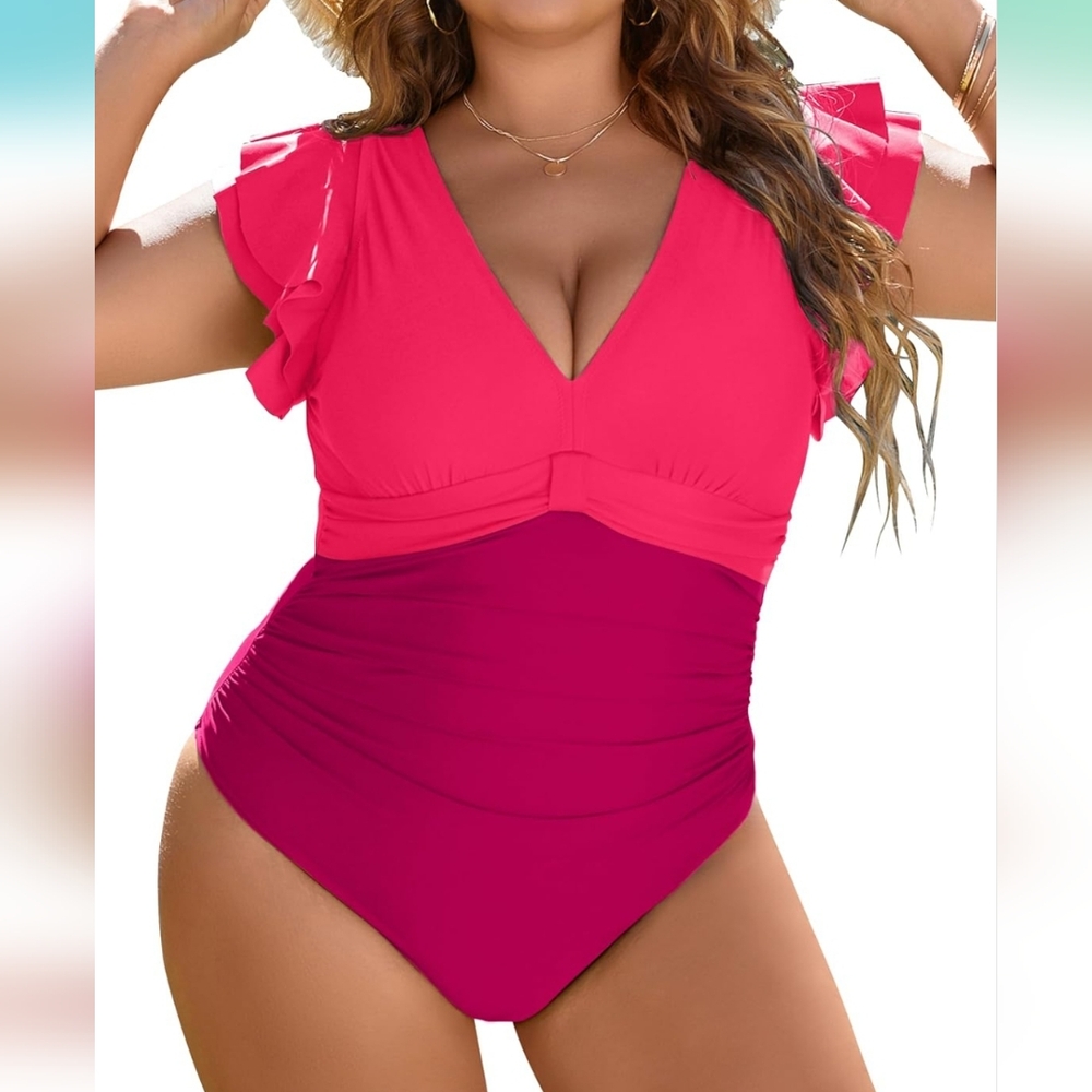 Stylish Pink Women's One Piece Color Block Full Coverage Swimsuit